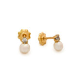 Fresh Water Pearl and Gold Stud Earrings with Cubic Zicroni - Image 2