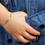 Pink Flower Gold Chain Bracelet with Customized Engraving - Image 2