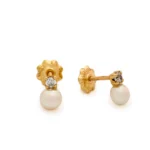 Fresh Water Pearl and Gold Stud Earrings with Cubic Zicroni